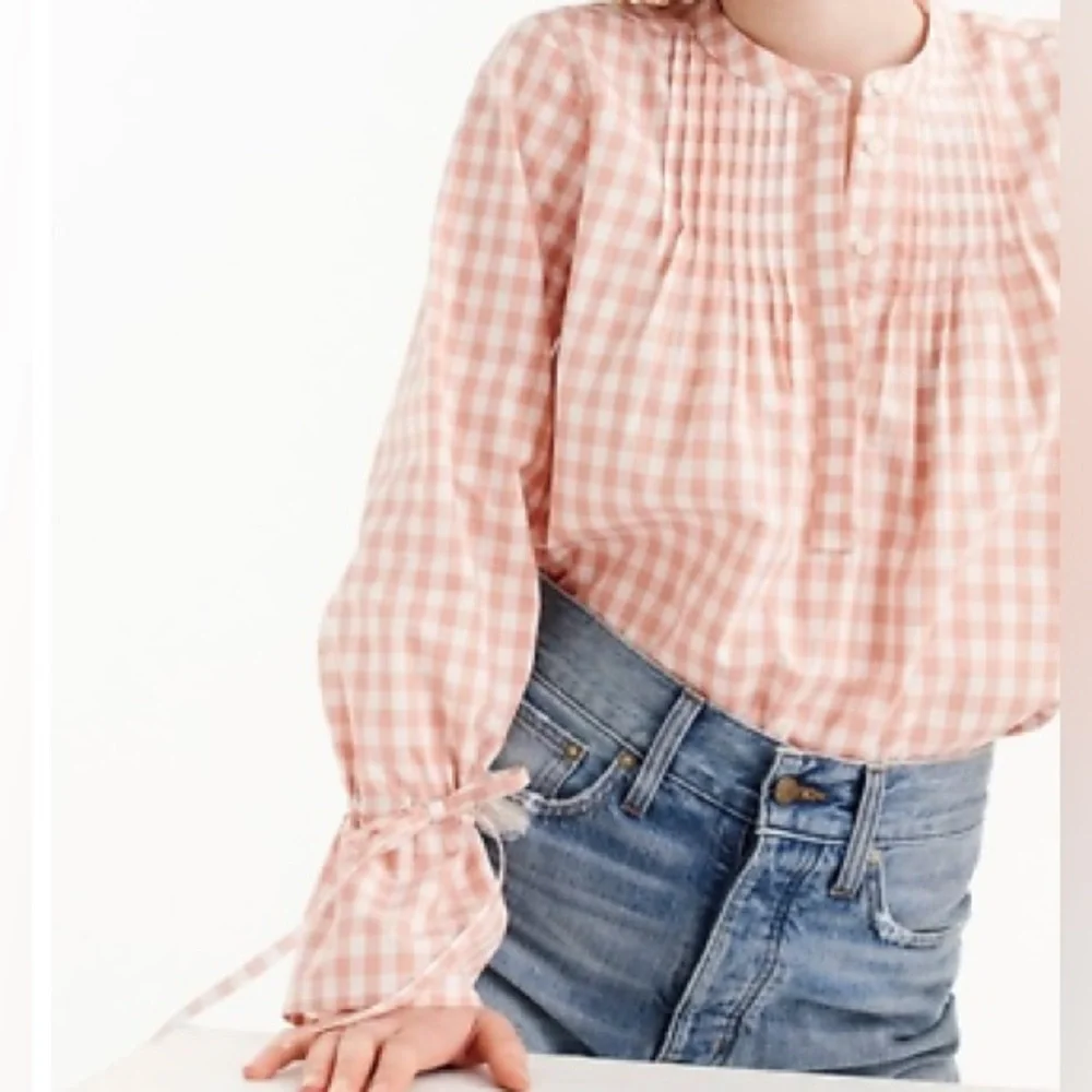 NWT J. Crew Women's Tie Sleeve Pintuck Long Sleeve Gingham Top | L